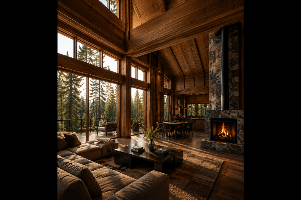 Тёплый интерьер дома Renaissance Wood с камином, панорамными окнами и видом на лес