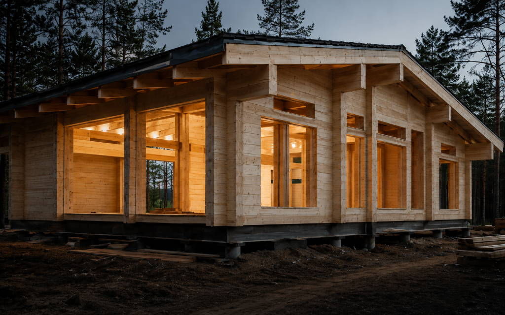 Дом из клеёного бруса на свайном фундаменте в сумерках — нулевой цикл Renaissance Wood